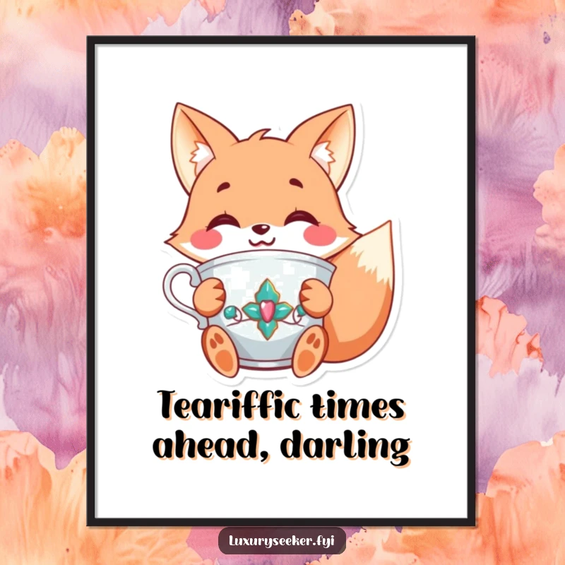 Charming Free Printable Wall Art: Joyful fox character smiling with a fancy, jeweled teacup, exuding elegance.