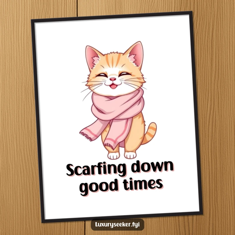 Funny Free Printable Wall Art: A sophisticated cat draped in a silk scarf, captured mid-giggle, bringing joy.
