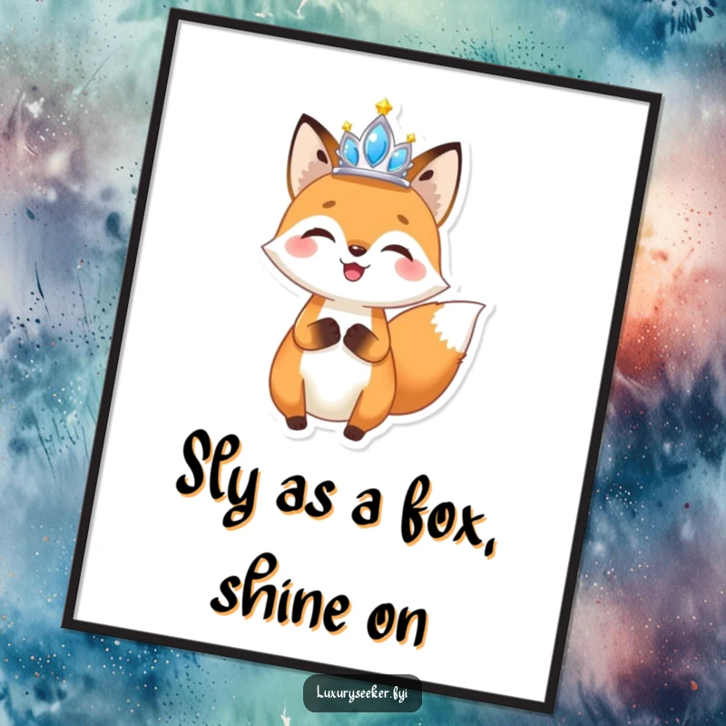 Funny Free Printable Wall Art of a joyful fox character holding a miniature, sparkling tiara high in the air.