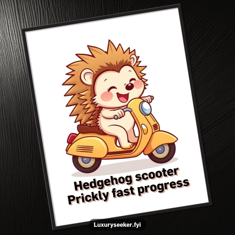 Funny Free Printable Wall Art: a joyful hedgehog confidently rides a tiny golden scooter, radiating happiness and a free spirit.