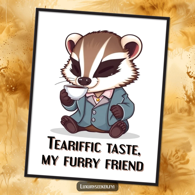 Funny free printable wall art: A distinguished badger in a smoking jacket enjoys a tiny teacup, adding quirky charm.