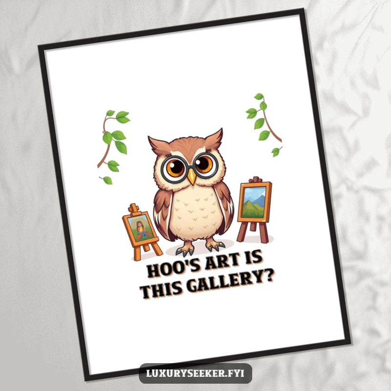 Funny free printable wall art: A proud owl wearing a monocle inspects a tiny painting, showcasing artistic discernment.