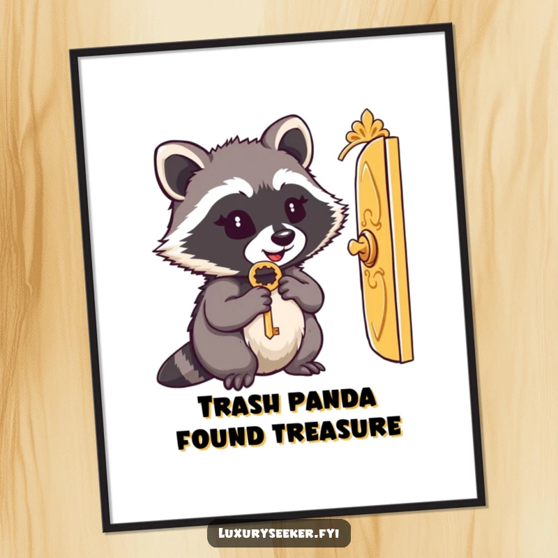 Free Printable Wall Art: A content raccoon holds a small ornate key, peering through a tiny golden door, evoking curiosity.
