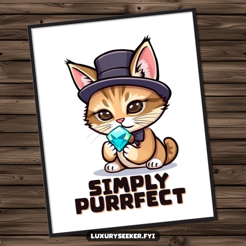 Funny Free Printable Wall Art of a sophisticated cat in a tiny top hat examining a sparkling gemstone.