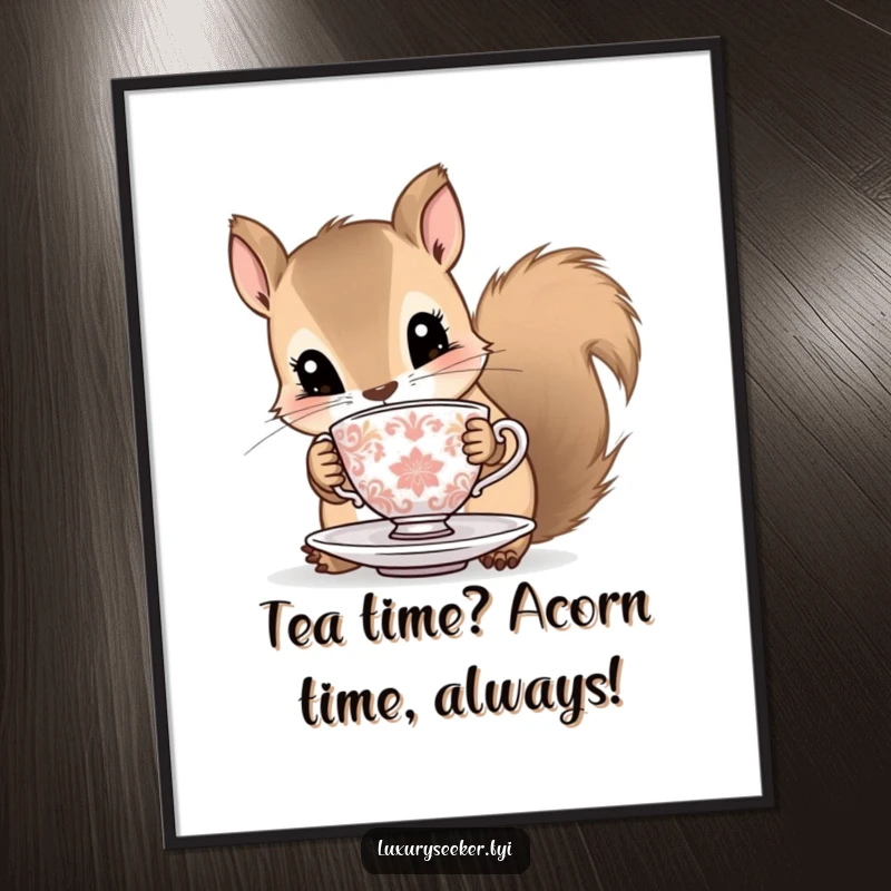 Funny Free Printable Wall Art: A curious squirrel holding a tiny, ornate teacup and saucer, creating a quaint scene.