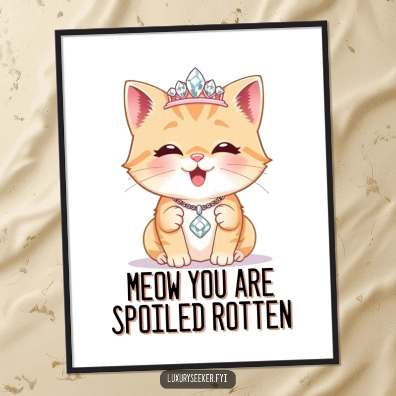 Funny Free Printable Wall Art: Delighted cat crowned with a diamond tiara, admiring a sparkling necklace, adding purrfectly humorous decor.
