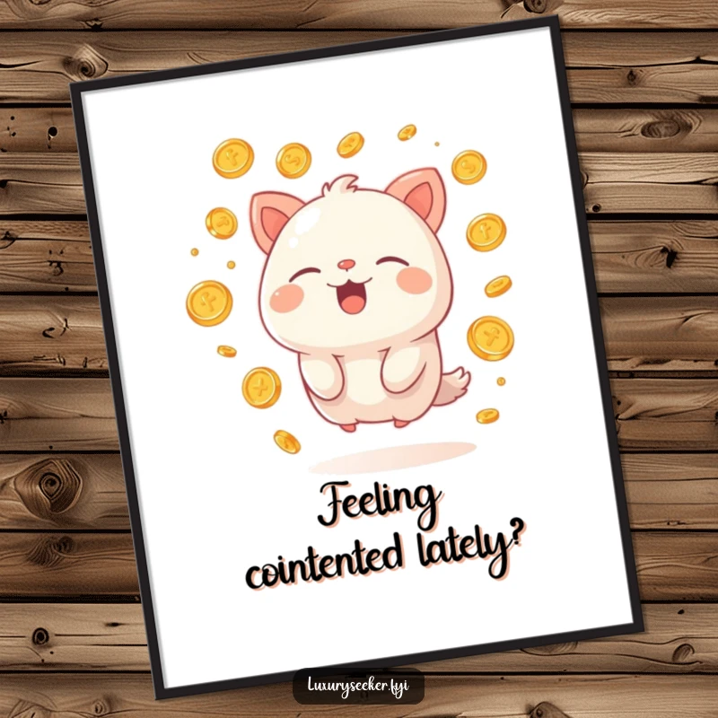 Funny Free Printable Wall Art: Happy creature sighing contentedly, enveloped by a magical swirl of floating golden coins.