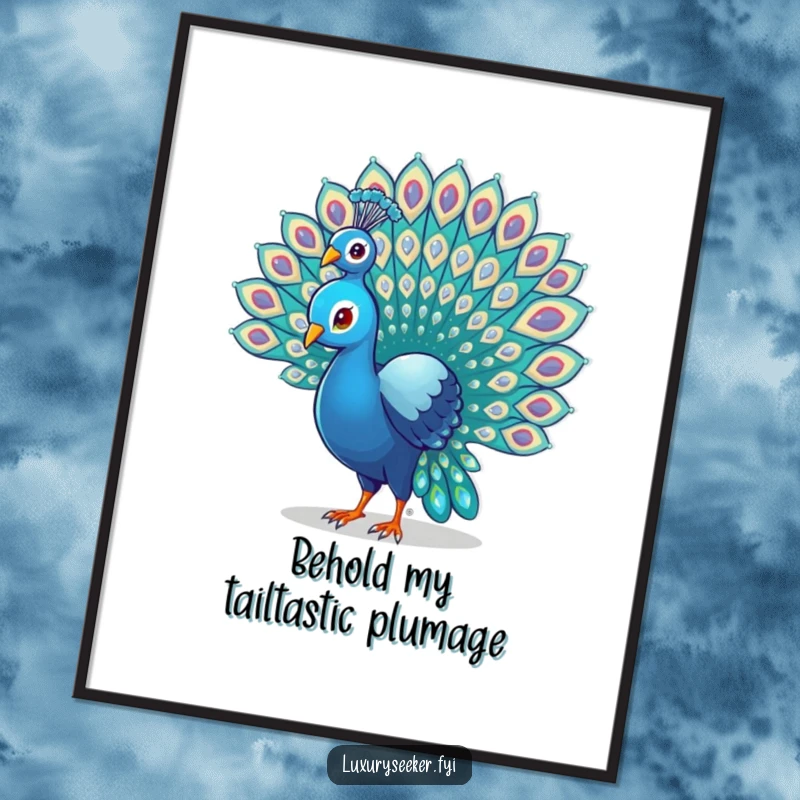 Funny Free Printable Wall Art: Majestic peacock proudly fanning a spectacular tail covered in tiny, sparkling gems, adding grandeur.
