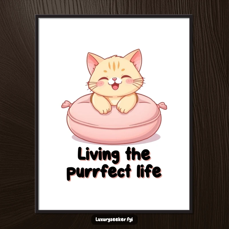 Funny Free Printable Wall Art: Happy cat lounging luxuriously on a plush miniature velvet cushion, adding charm.