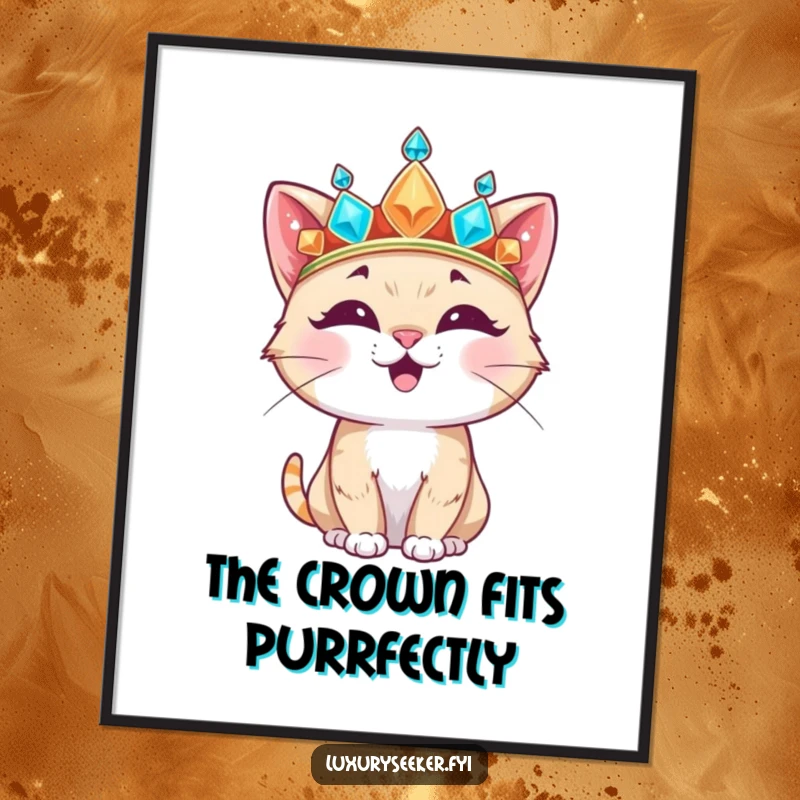 Funny Free Printable Wall Art: Happy cat playfully tries on an oversized, sparkling jeweled crown. Downloadable art.