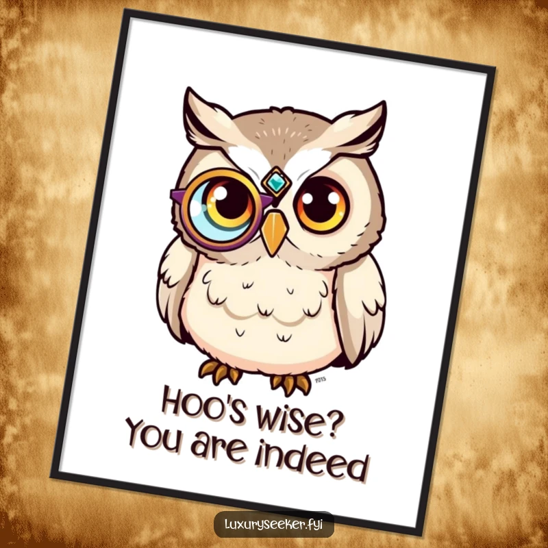 Funny Free Printable Wall Art: A content owl wearing a jeweled monocle, exuding sophistication and quiet humor.