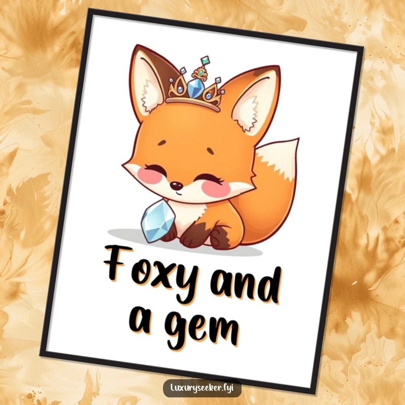 Funny Free Printable Wall Art: Cheerful fox wearing a tiny sparkly tiara, admiring a jewel, adding glam decor.