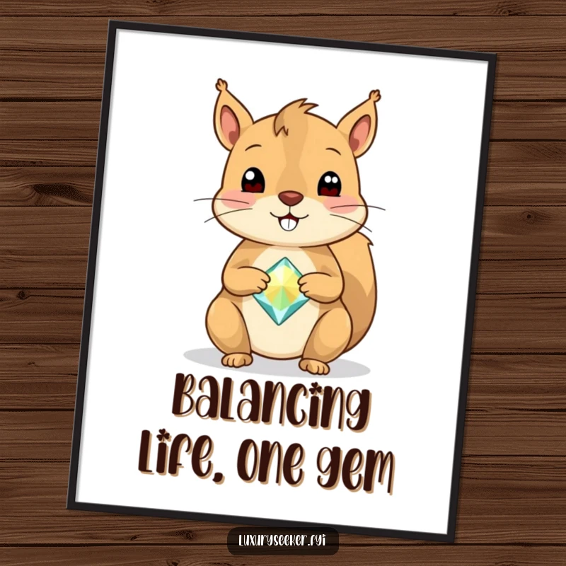 Funny Free Printable Wall Art: A cheerful squirrel demonstrating incredible balance with a single, large sparkly gemstone on its nose.