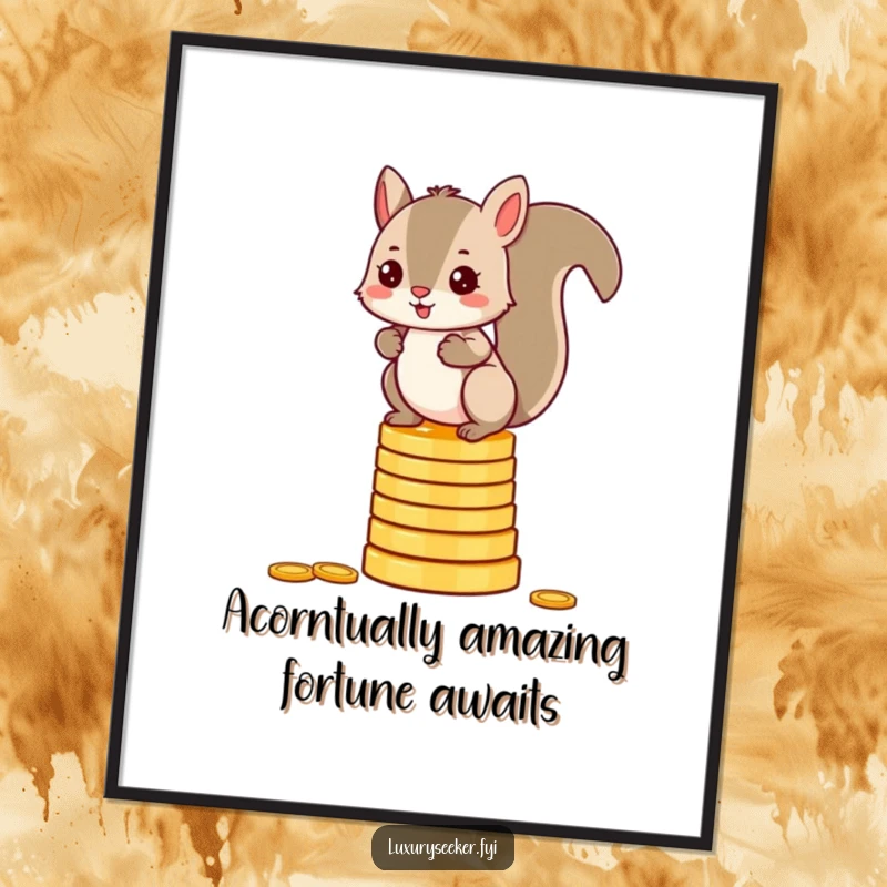 Funny free printable wall art: a mischievous squirrel expertly balancing on a precarious stack of shiny gold coins, a humorous art piece.