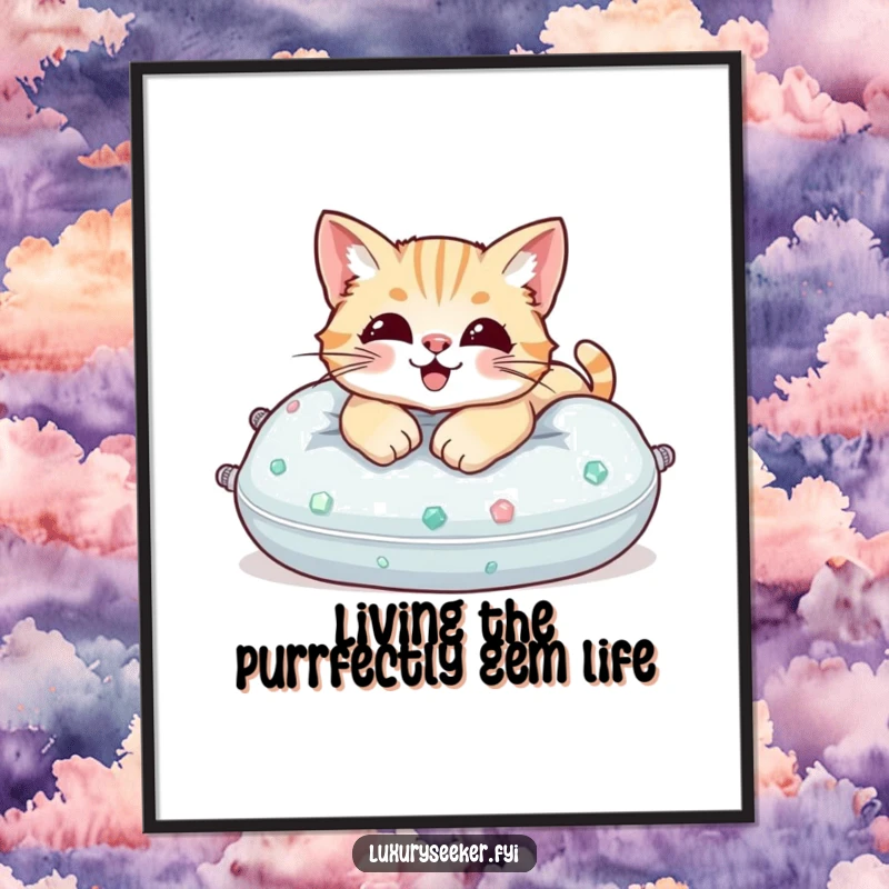Funny free printable wall art depicting a content cat lounging on an opulent pillow made entirely of colorful gemstones.