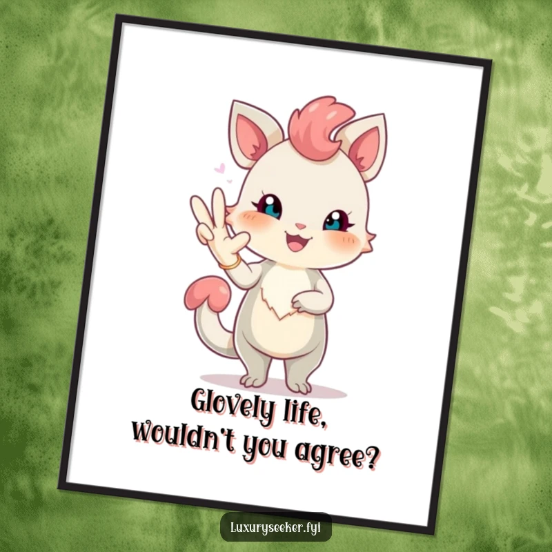 Funny Free Printable Wall Art: Cheerful creature with a rosy blush poses elegantly with a long, chic glove, adding charm.