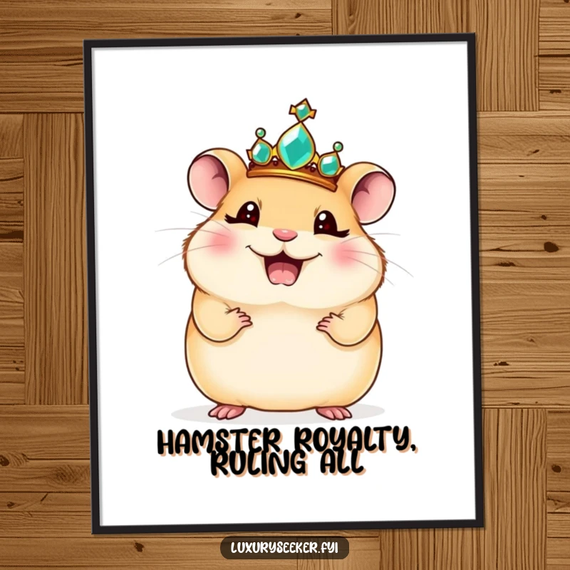 Free Printable Wall Art: A giggling hamster wearing a tiny jeweled crown stands in a regal pose, exuding royal charm.