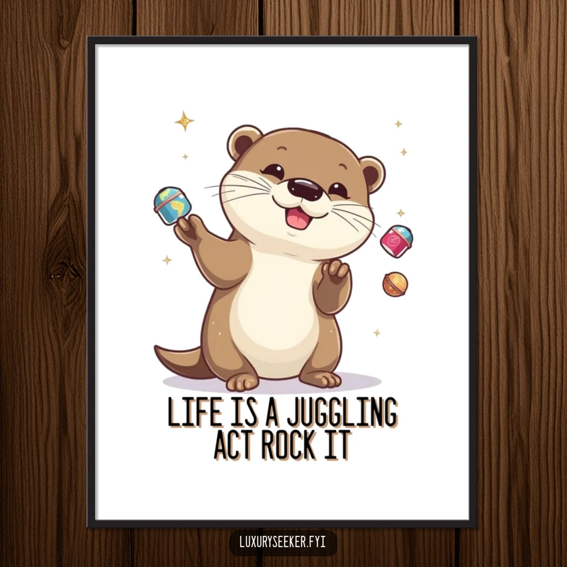 Funny Free Printable Wall Art of a happy otter juggling sparkling objects, a vibrant and amusing decorative piece.