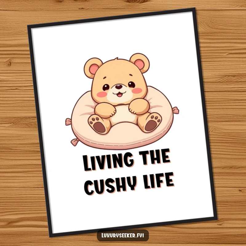 Funny Free Printable Wall Art: A delighted bear resting comfortably on a luxurious plush velvet cushion, looking content.