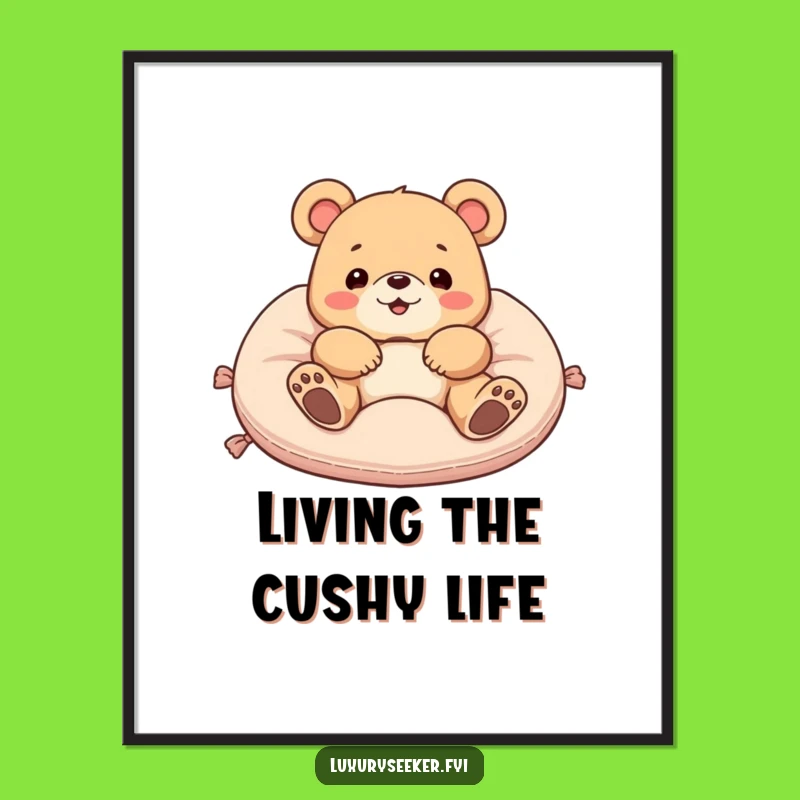 Funny Free Printable Wall Art: Delighted Bear on Cushion, Hilarious Downloadable Decor for Your Home