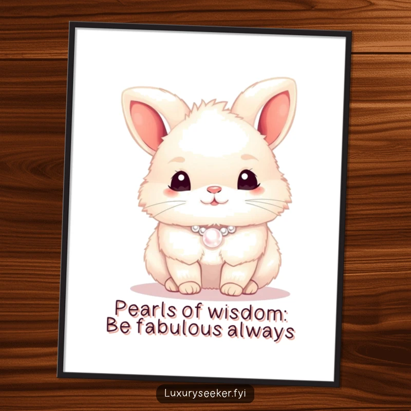 Funny Free Printable Wall Art of a fluffy bunny looking elegant in a shimmering pearl necklace, a chic decorative piece.