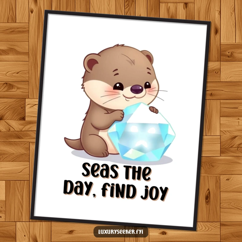 Funny free printable wall art: a curious otter with a look of pure glee, staring intently at a huge, radiant, glistening gemstone.