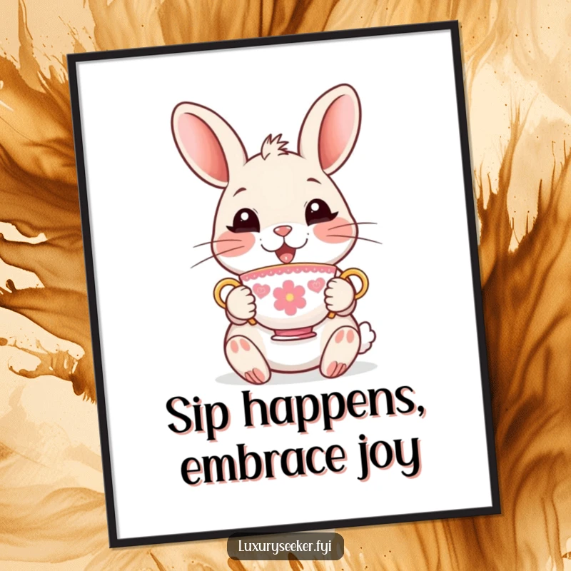 Funny Free Printable Wall Art: Delighted rabbit holding a miniature, ornate teacup with grace. Downloadable art.