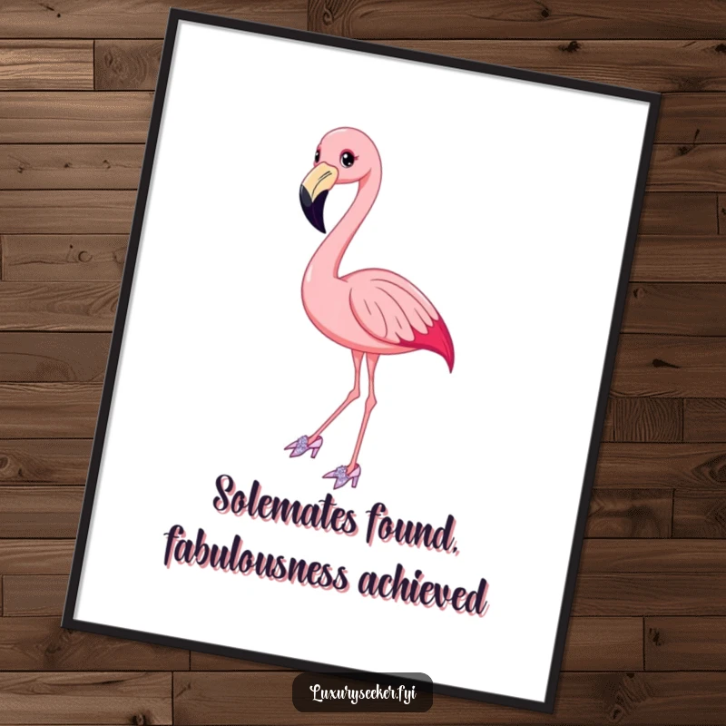 Funny Free Printable Wall Art: Elegant flamingo wearing chic, sparkly shoes striking a graceful pose, adding flair to any wall.