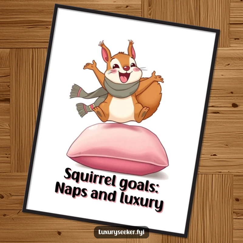 Funny Free Printable Wall Art: Excited squirrel with a designer scarf leaping onto a plush velvet cushion, bringing sophisticated humor.