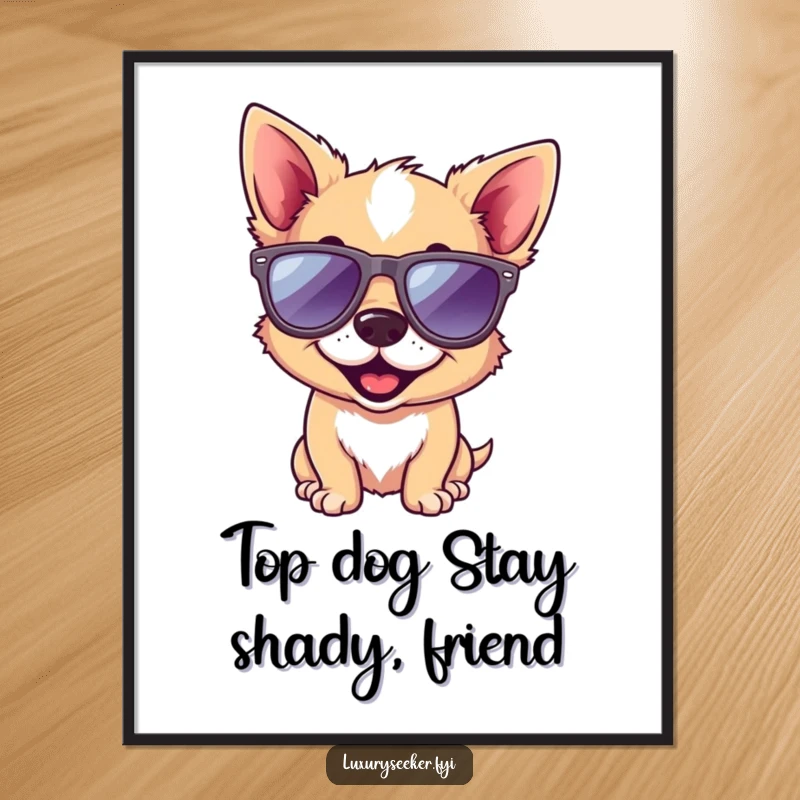 Funny Free Printable Wall Art: A playful dog wearing tiny designer sunglasses, looking cool and sophisticated, downloadable decor.