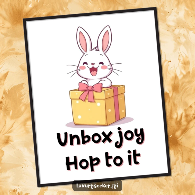 Funny Free Printable Wall Art: Happy rabbit joyfully opening a perfectly wrapped gift box, a symbol of fun downloadable decor.