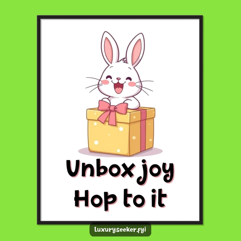 Funny Free Printable Wall Art: Excited Rabbit Gift Box Humorous Downloadable Decor