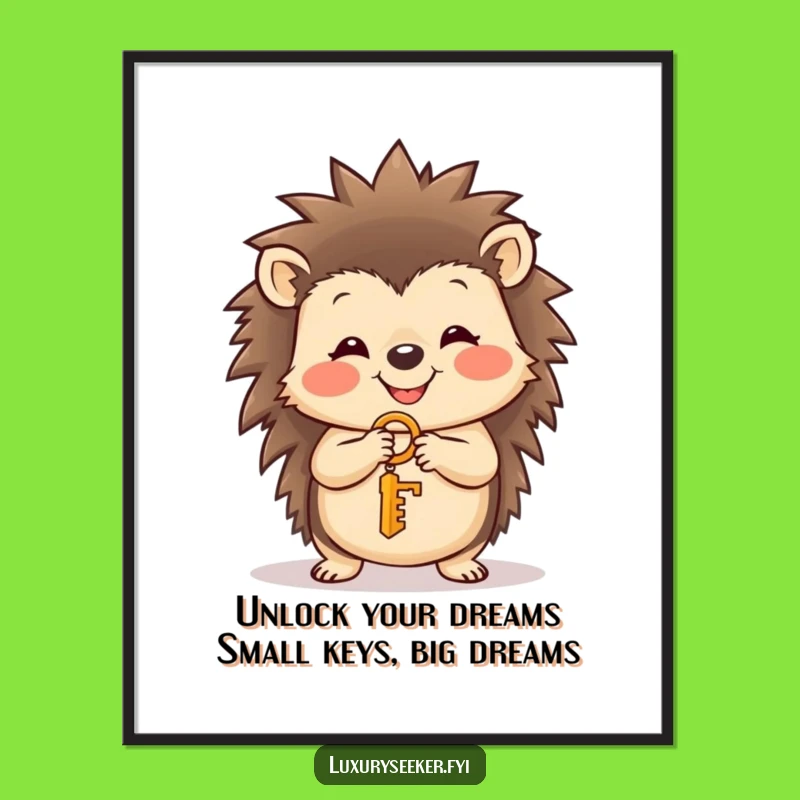 Free Printable Wall Art: Smiling Hedgehog with Golden Key, Humorous Downloadable Decor