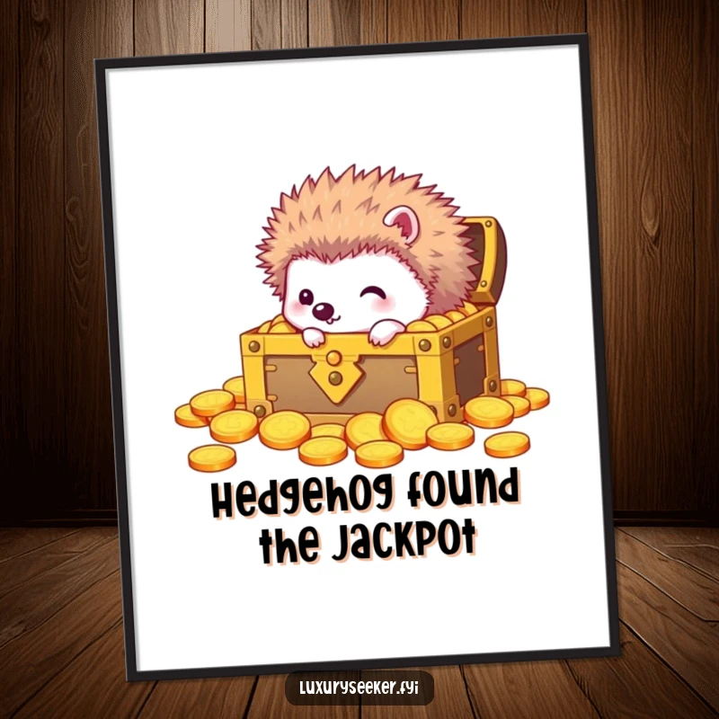 Funny Free Printable Wall Art: Curious hedgehog peeking into a gilded treasure chest overflowing with shiny gold coins, a delightful find.