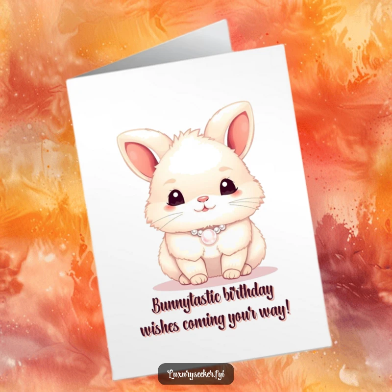 Funny Free Printable Birthday Card featuring a fluffy bunny in a pearl necklace, looking posh and ready to party.