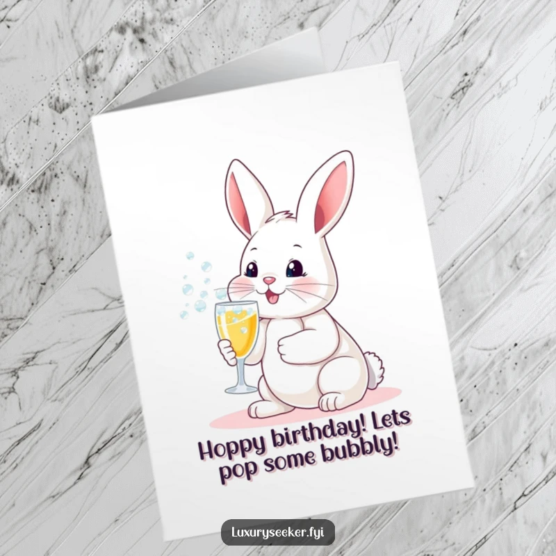 Funny Free Printable Birthday Card: A playful bunny holding a tiny champagne flute overflowing with bubbles, celebrating a birthday.