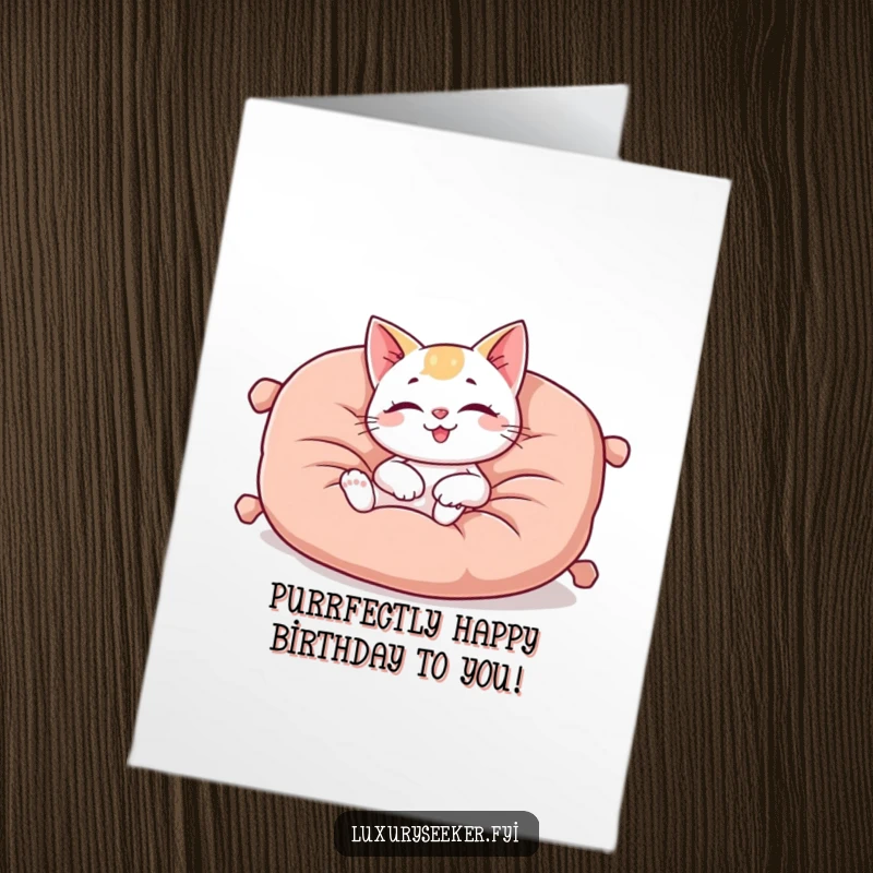 Cute Free Printable Birthday Card: Happy cat character blissfully lounging on a large, luxurious velvet cushion.