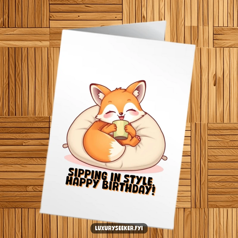 Funny Free Printable Birthday Card: Joyful fox lounges on velvet, sipping from a cup, embodying relaxed birthday celebration vibes.