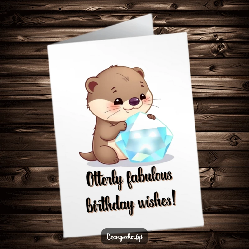 Funny free printable birthday card: a curious otter with wide eyes, gleefully examining a large, sparkling, glistening gemstone, full of delight.
