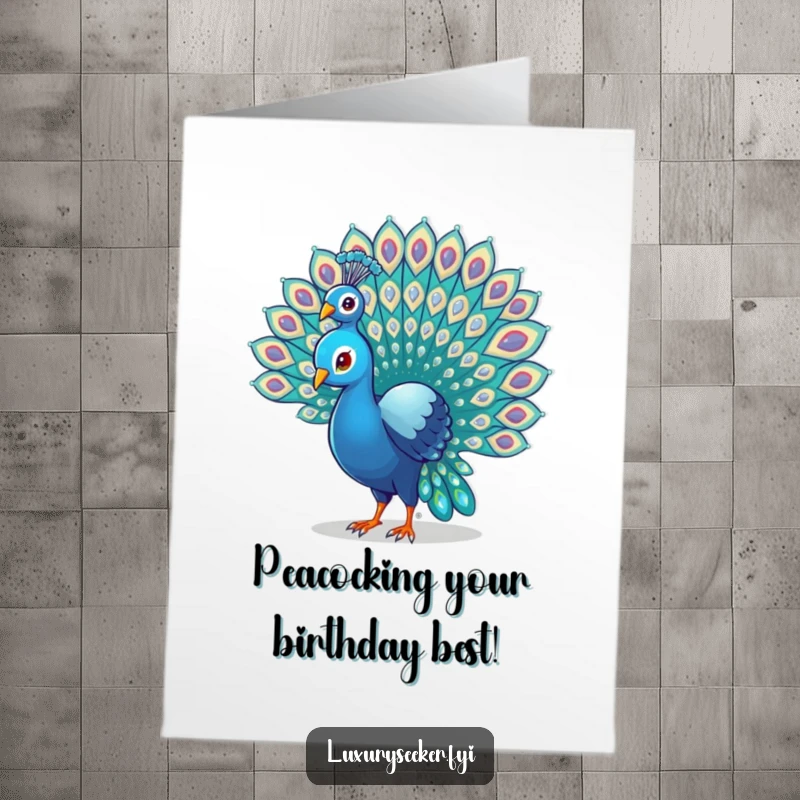Funny Free Printable Birthday Card: Proud peacock with gem-adorned tail fanning feathers, exuding birthday cheer and fabulousness.