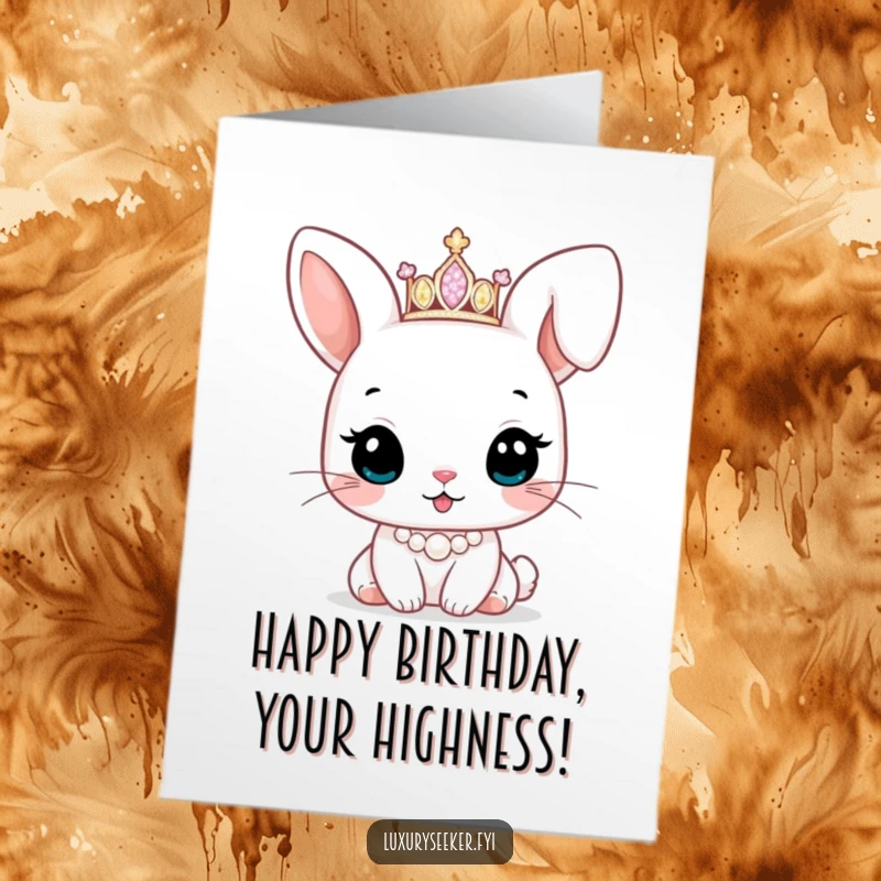 Cute Free Printable Birthday Card: Adorable bunny character wearing a tiny sparkling tiara and elegant pearl necklace.