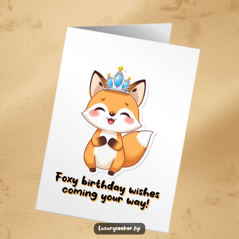 Funny Free Printable Birthday Card of a joyful fox holding a miniature, sparkling tiara high in celebration.