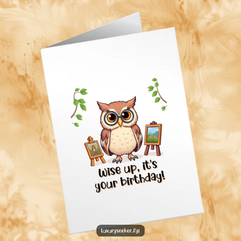 Funny free printable birthday card: A proud owl with a monocle inspects a tiny painting, critiquing with humor.