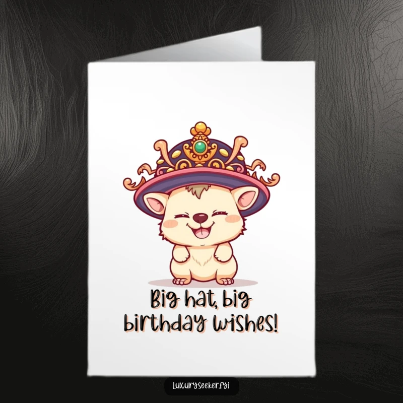 Funny Free Printable Birthday Card: Playful creature with a mischievous grin wearing a ridiculously oversized, ornate hat, ready for fun.
