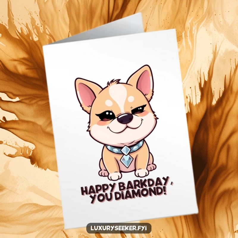 Funny Free Printable Birthday Card: a giggling dog wearing a diamond collar winks slyly, exuding charm and playful mischief.