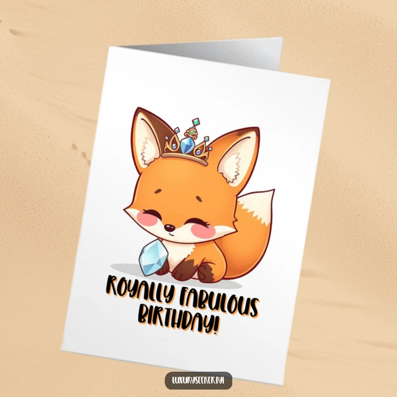 Funny Free Printable Birthday Card: Cheerful fox wearing a tiny sparkly tiara, gazing at a jewel, happy birthday!