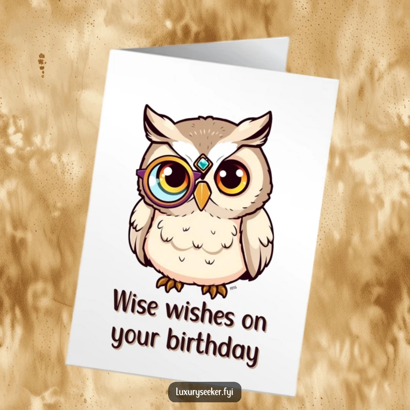 Funny Free Printable Birthday Card: Sophisticated owl with a jeweled monocle looks wise, wishing you a happy birthday.