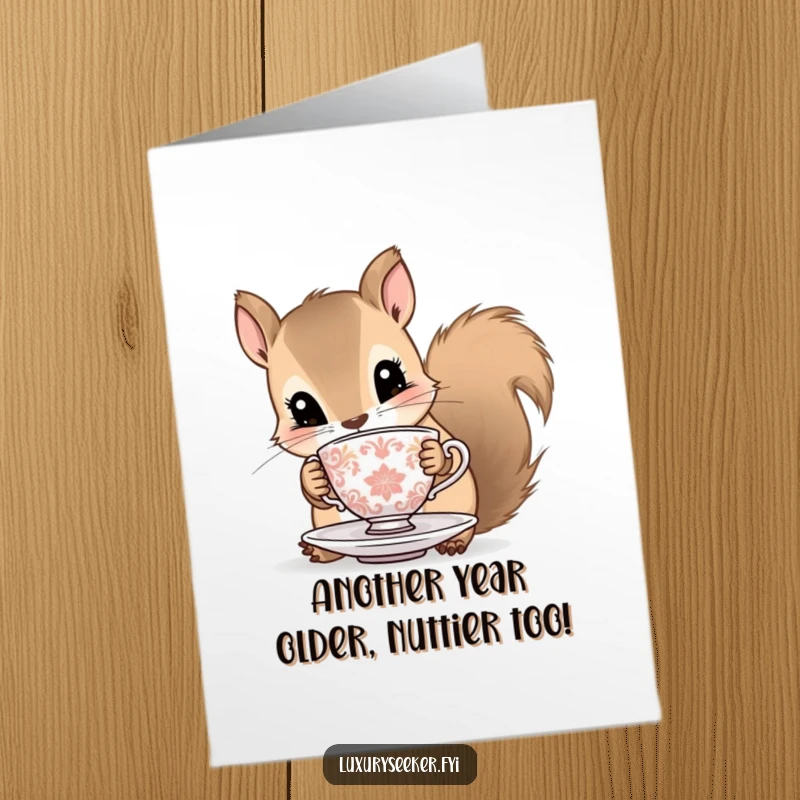 Funny Free Printable Birthday Card: Curious squirrel delicately holding tiny ornate teacup and saucer, elegant and whimsical.