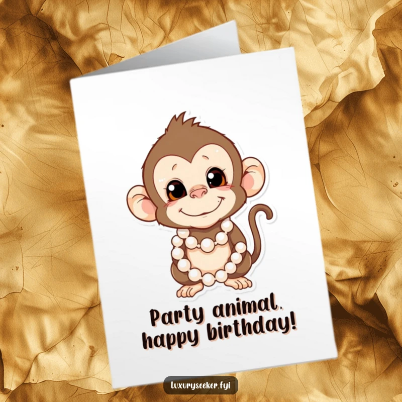 Funny Free Printable Monkey Birthday Card: A mischievous monkey sporting a fancy pearl necklace with a cheeky grin.