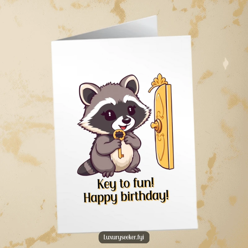 Funny Free Printable Birthday Card: Content raccoon holding an ornate key, peering through a tiny golden door with curiosity.